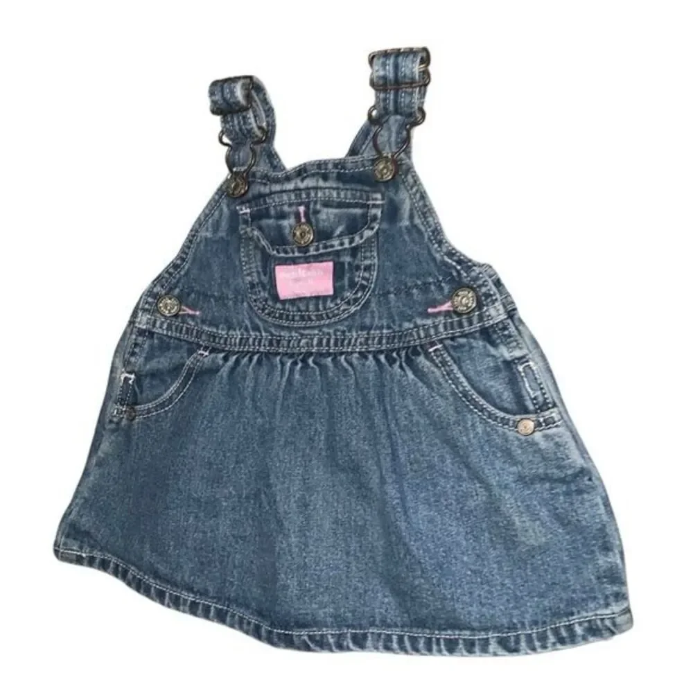 Vintage OshKosh B'gosh Denim Overall Dress Toddler Girls Pink Trim 6m